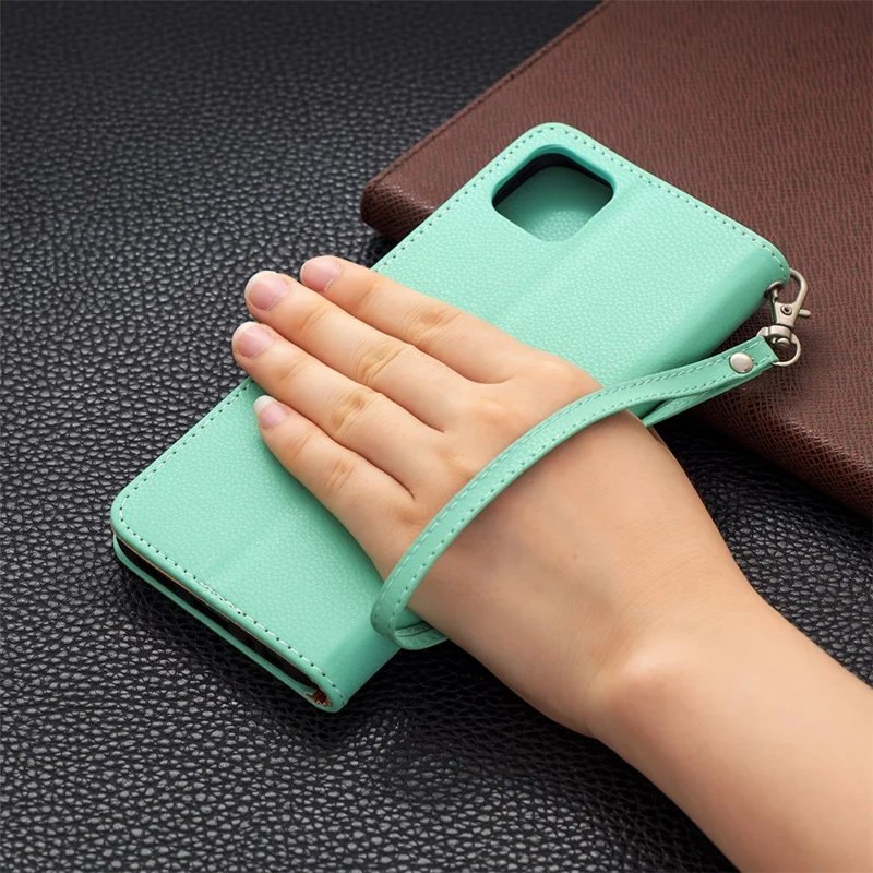 Solid Color Litchi Texture Wallet Stand Leather Cover with Strap for Samsung Galaxy A22 5G (EU Version) - Green