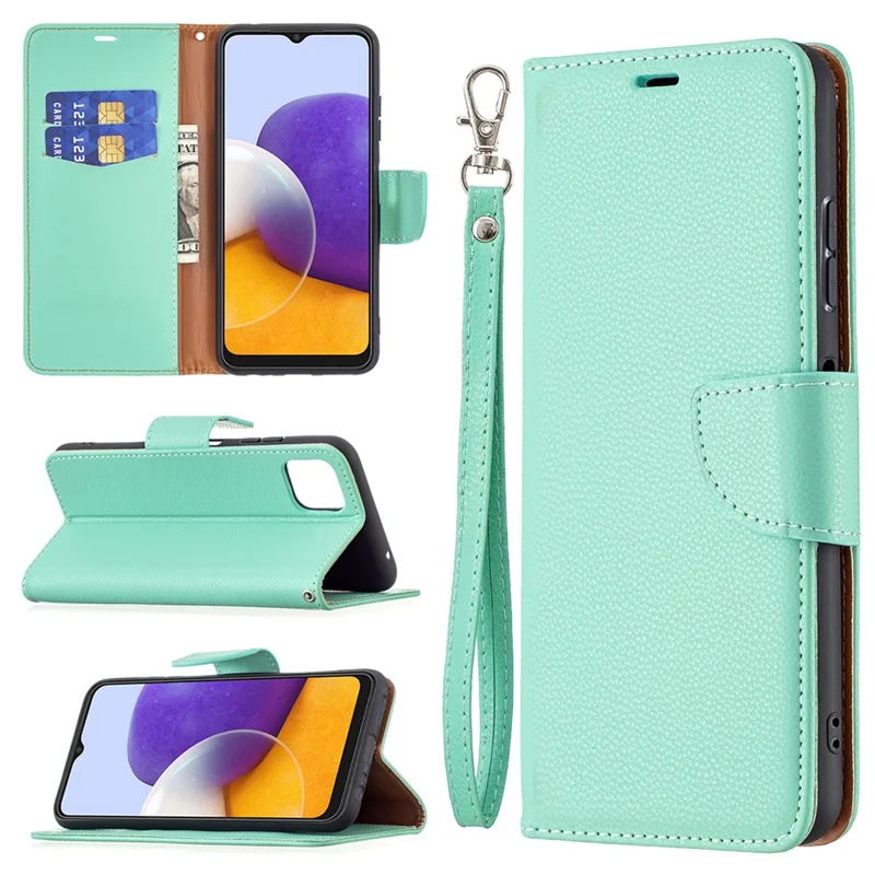 Solid Color Litchi Texture Wallet Stand Leather Cover with Strap for Samsung Galaxy A22 5G (EU Version) - Green