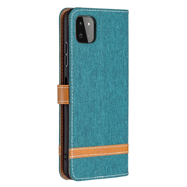 Assorted Color Jeans Cloth Leather Wallet Case with Hand Strap for Samsung Galaxy A22 5G (EU Version) - Green