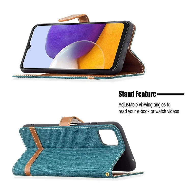 Assorted Color Jeans Cloth Leather Wallet Case with Hand Strap for Samsung Galaxy A22 5G (EU Version) - Green