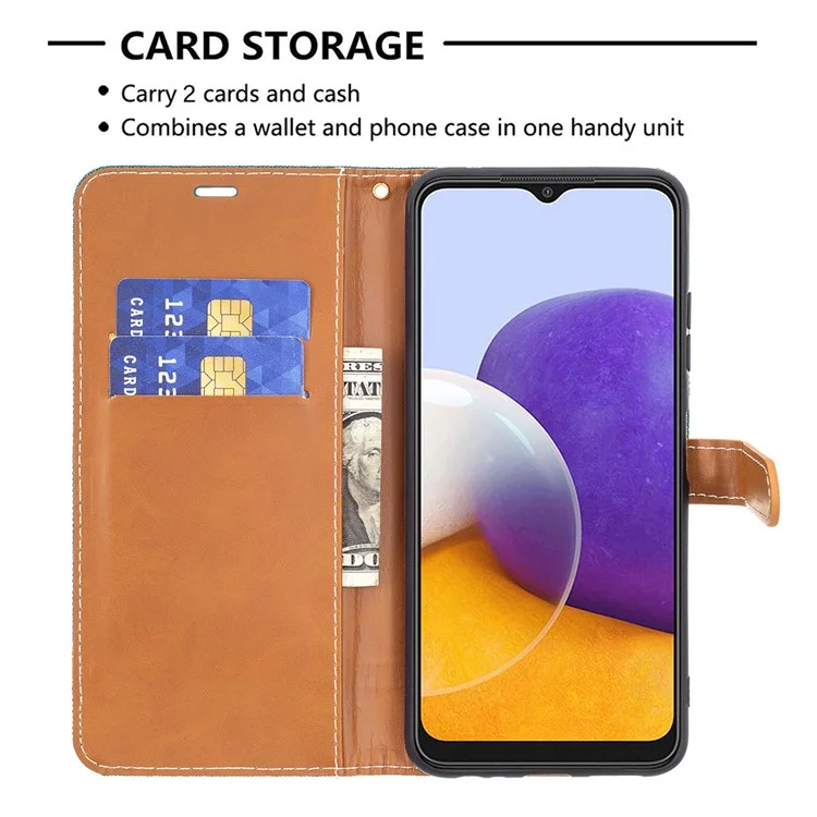 Assorted Color Jeans Cloth Leather Wallet Case with Hand Strap for Samsung Galaxy A22 5G (EU Version) - Green
