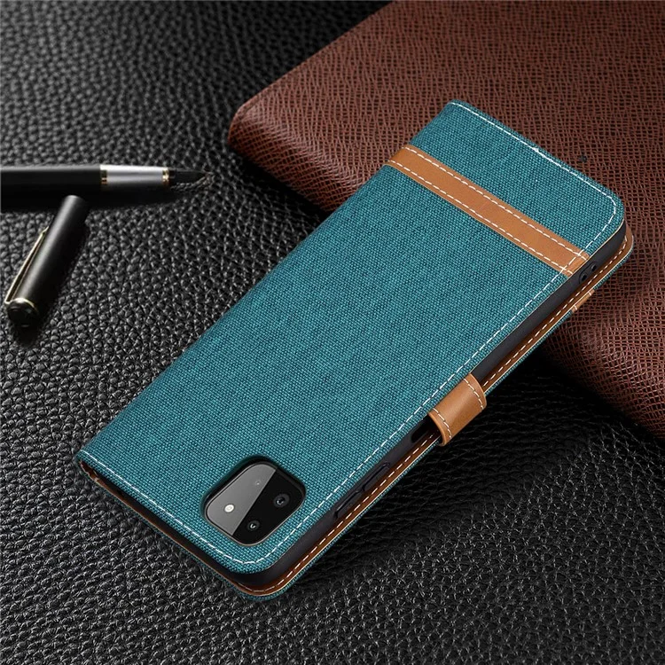 Assorted Color Jeans Cloth Leather Wallet Case with Hand Strap for Samsung Galaxy A22 5G (EU Version) - Green