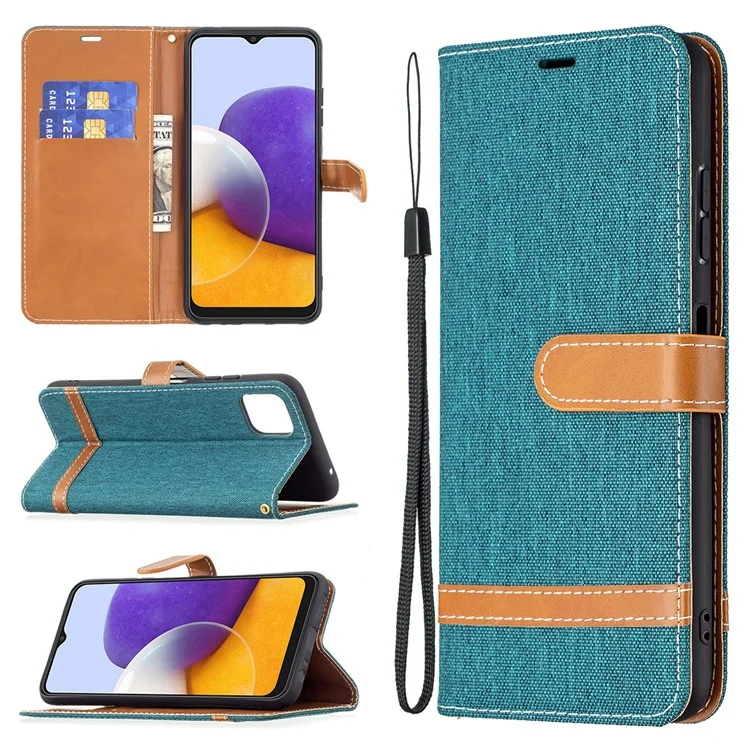 Assorted Color Jeans Cloth Leather Wallet Case with Hand Strap for Samsung Galaxy A22 5G (EU Version) - Green