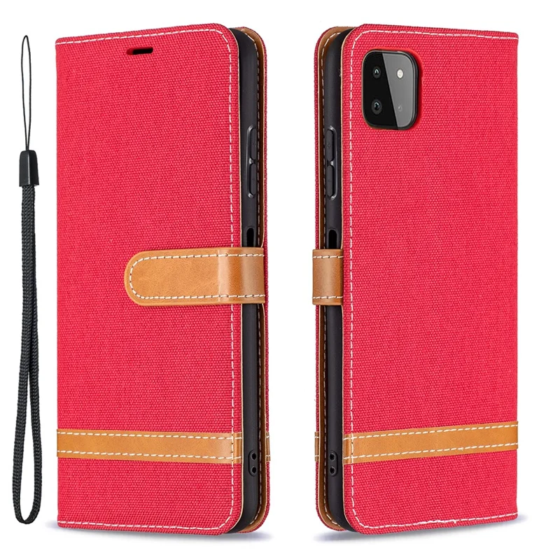 Assorted Color Jeans Cloth Leather Wallet Case with Hand Strap for Samsung Galaxy A22 5G (EU Version) - Red