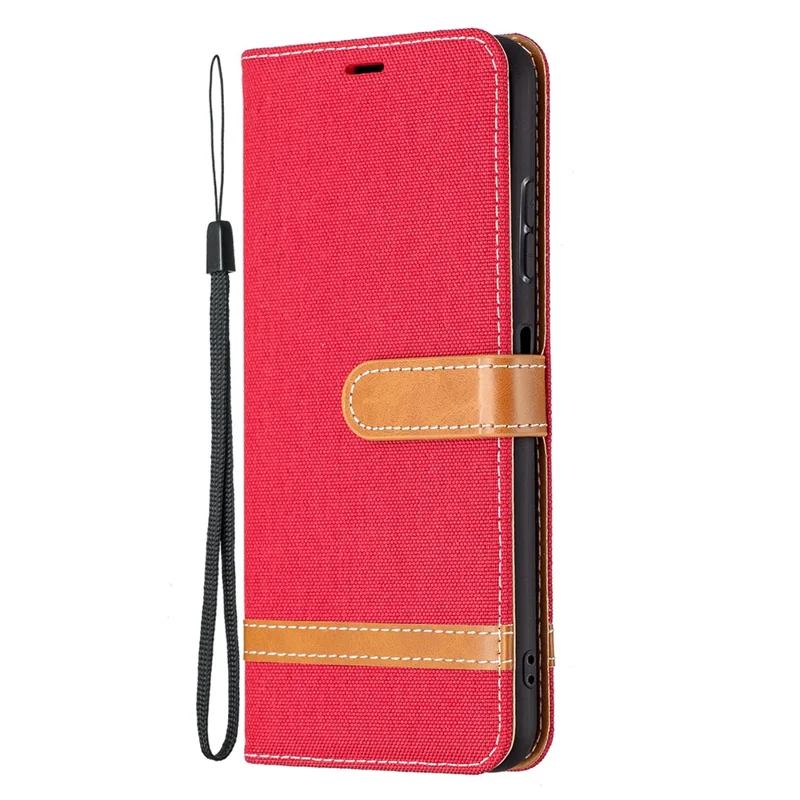 Assorted Color Jeans Cloth Leather Wallet Case with Hand Strap for Samsung Galaxy A22 5G (EU Version) - Red