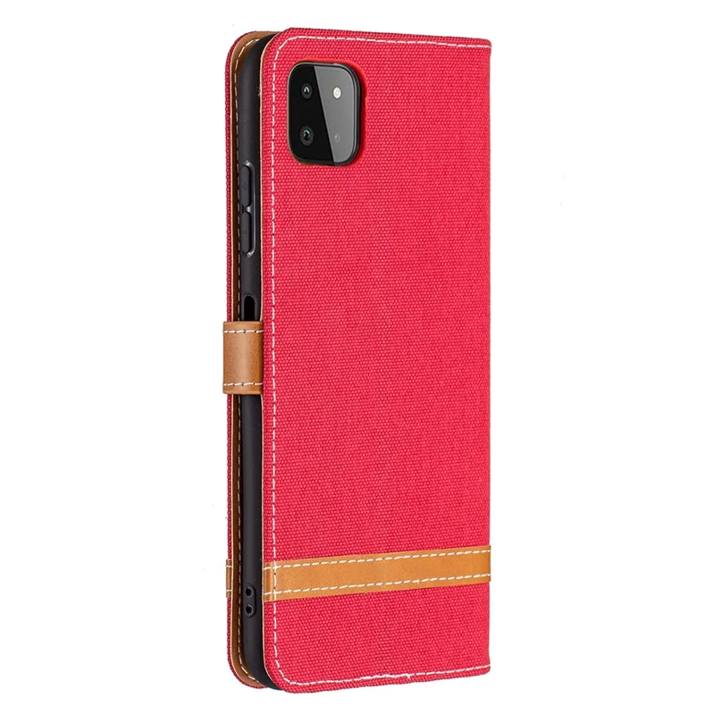 Assorted Color Jeans Cloth Leather Wallet Case with Hand Strap for Samsung Galaxy A22 5G (EU Version) - Red