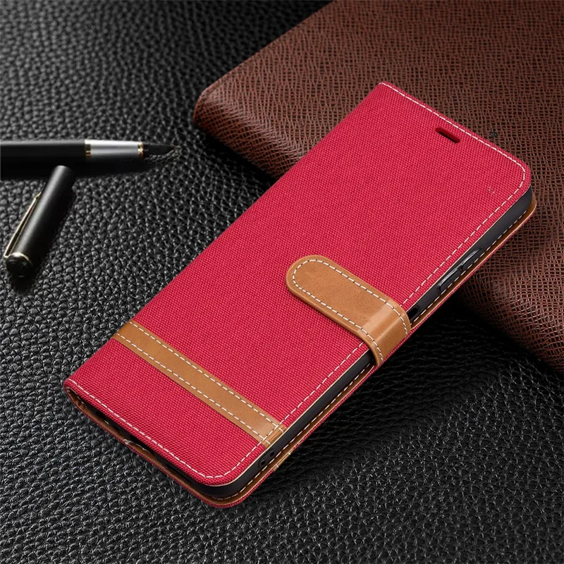 Assorted Color Jeans Cloth Leather Wallet Case with Hand Strap for Samsung Galaxy A22 5G (EU Version) - Red