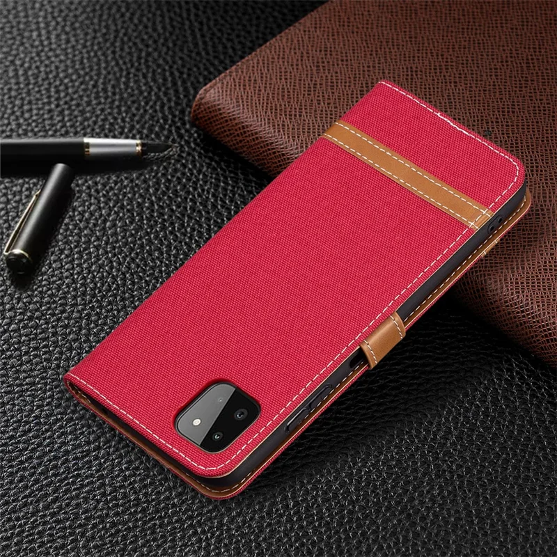 Assorted Color Jeans Cloth Leather Wallet Case with Hand Strap for Samsung Galaxy A22 5G (EU Version) - Red
