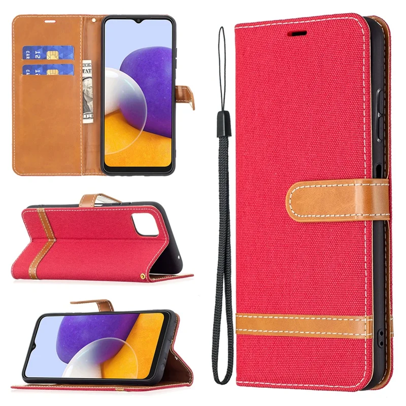 Assorted Color Jeans Cloth Leather Wallet Case with Hand Strap for Samsung Galaxy A22 5G (EU Version) - Red