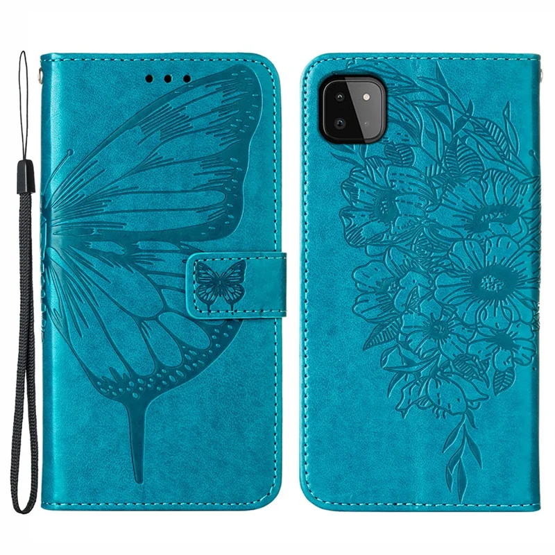 For Samsung Galaxy A22 5G (EU Version) Imprint Butterfly Leather Wallet Stand Case - Blue