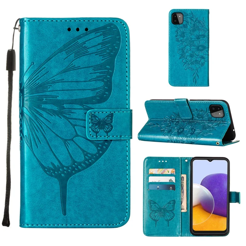 For Samsung Galaxy A22 5G (EU Version) Imprint Butterfly Leather Wallet Stand Case - Blue