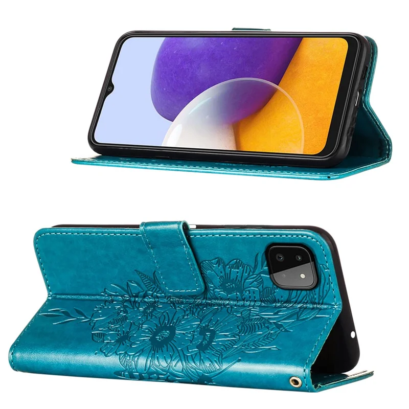 For Samsung Galaxy A22 5G (EU Version) Imprint Butterfly Leather Wallet Stand Case - Blue