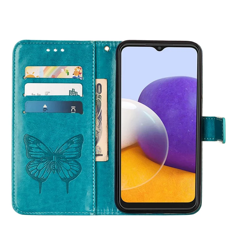 For Samsung Galaxy A22 5G (EU Version) Imprint Butterfly Leather Wallet Stand Case - Blue