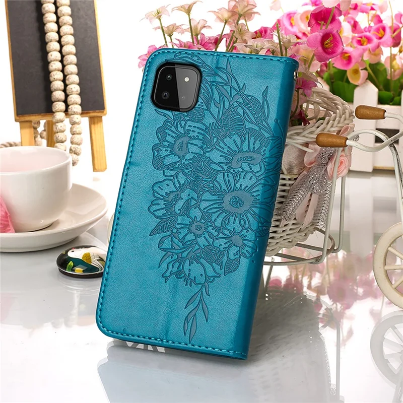 For Samsung Galaxy A22 5G (EU Version) Imprint Butterfly Leather Wallet Stand Case - Blue