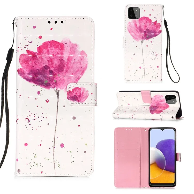 3D Pattern Printing PU Leather Phone Stand Cover Wallet Case for Samsung Galaxy A22 5G (US Version) - Flower