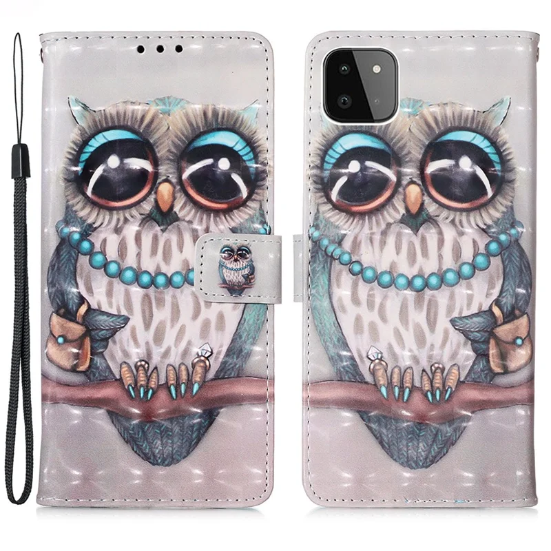 3D Pattern Printing PU Leather Phone Stand Cover Wallet Case for Samsung Galaxy A22 5G (US Version) - Owl