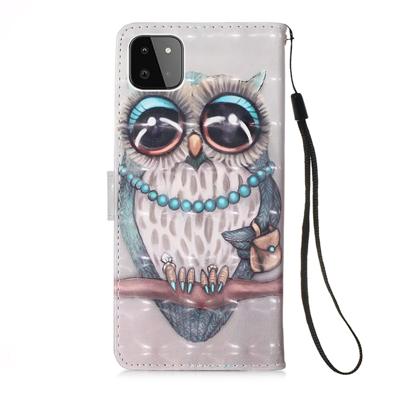 3D Pattern Printing PU Leather Phone Stand Cover Wallet Case for Samsung Galaxy A22 5G (US Version) - Owl