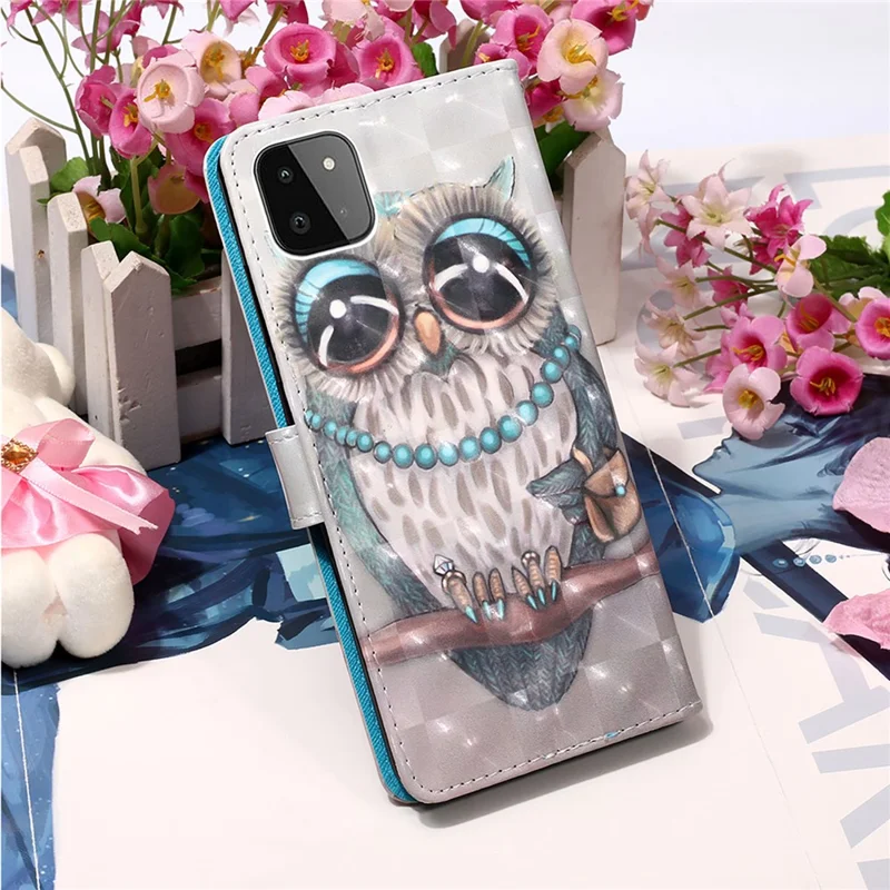 3D Pattern Printing PU Leather Phone Stand Cover Wallet Case for Samsung Galaxy A22 5G (US Version) - Owl