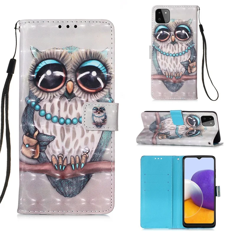 3D Pattern Printing PU Leather Phone Stand Cover Wallet Case for Samsung Galaxy A22 5G (US Version) - Owl
