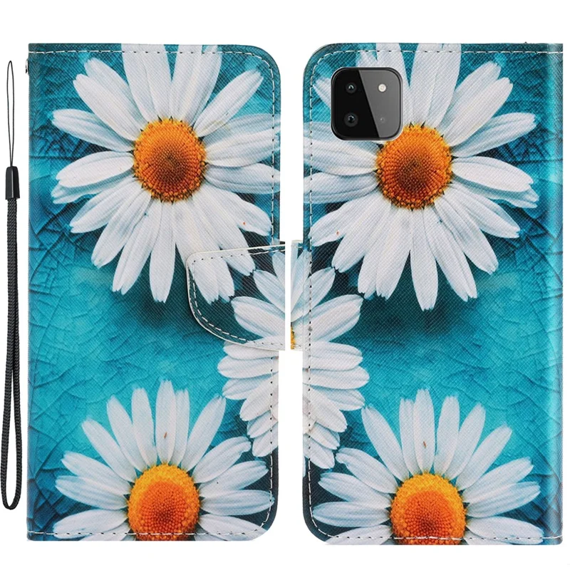 Full Coverage Pattern Printing PU Leather Wallet Stand Phone Cover Case for Samsung Galaxy A22 5G (EU Version) - Chrysanthemum