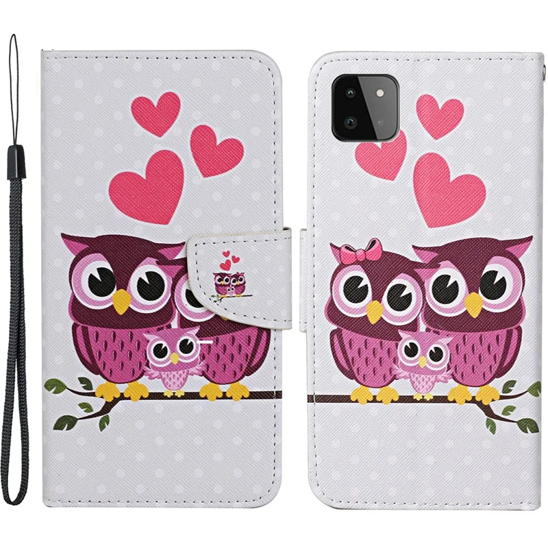 Pattern Printing PU Leather Full Protection Wallet Stand Phone Cover Case for Samsung Galaxy A22 5G (EU Version) - Owl and Heart