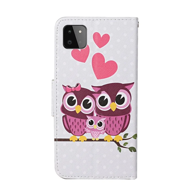 Pattern Printing PU Leather Full Protection Wallet Stand Phone Cover Case for Samsung Galaxy A22 5G (EU Version) - Owl and Heart