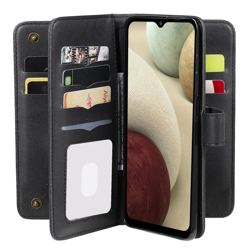 For Samsung Galaxy A12 Leather Case with 10 Card Holder Phone Cover Stand - Black