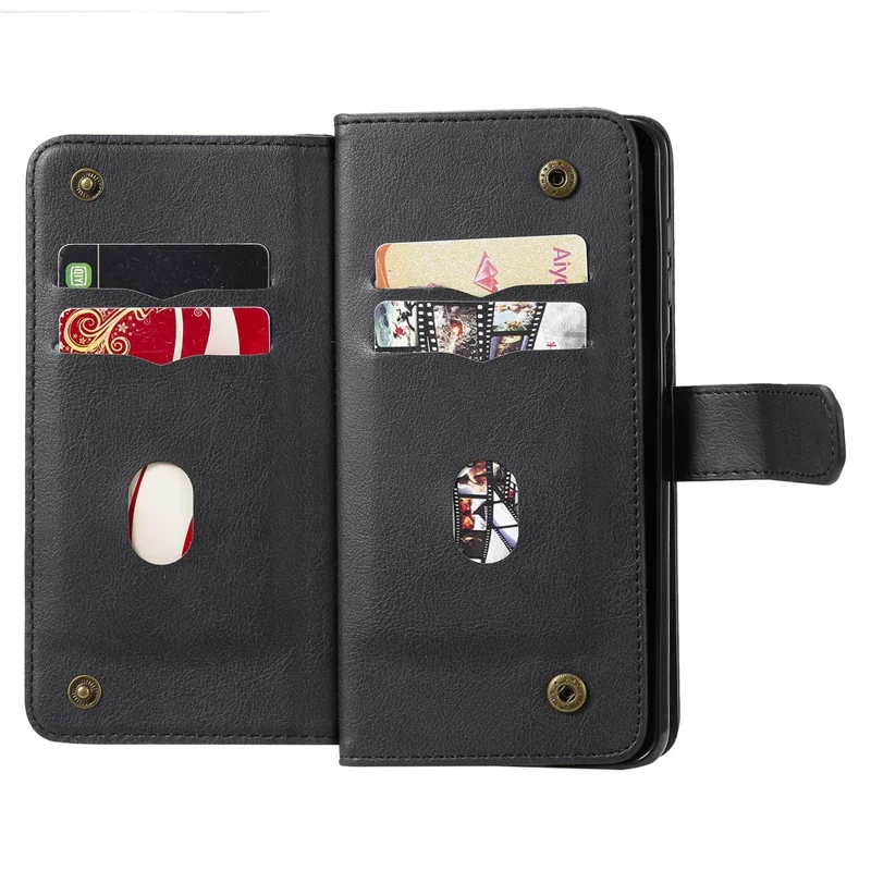 For Samsung Galaxy A12 Leather Case with 10 Card Holder Phone Cover Stand - Black