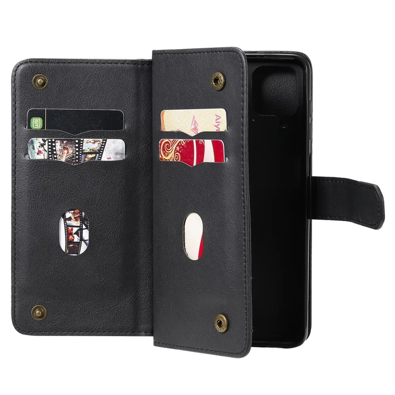 For Samsung Galaxy A12 Leather Case with 10 Card Holder Phone Cover Stand - Black