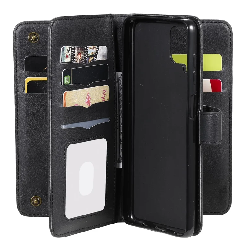 For Samsung Galaxy A12 Leather Case with 10 Card Holder Phone Cover Stand - Black