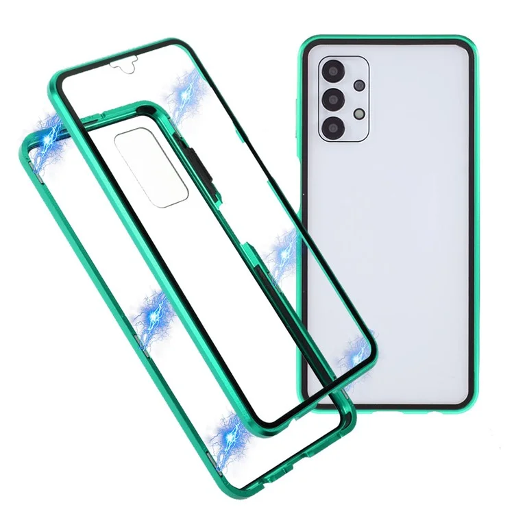 Magnetic Adsorption Metal Frame + Double-sided Ultra Clear Tempered Glass Phone Shell for Samsung Galaxy A32 5G/M32 5G - Green