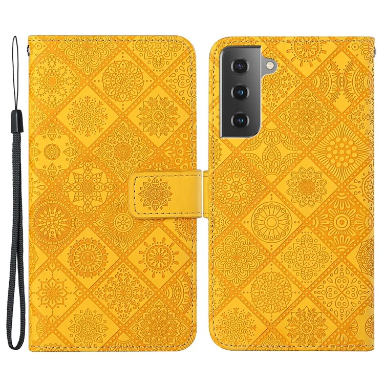 Imprinted Flower Magnet Clasp Wallet Leather Protective Case with Strap for Samsung Galaxy S21 FE - Yellow