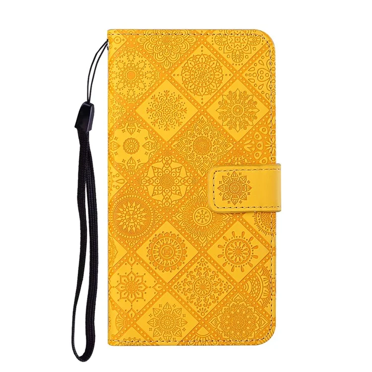 Imprinted Flower Magnet Clasp Wallet Leather Protective Case with Strap for Samsung Galaxy S21 FE - Yellow