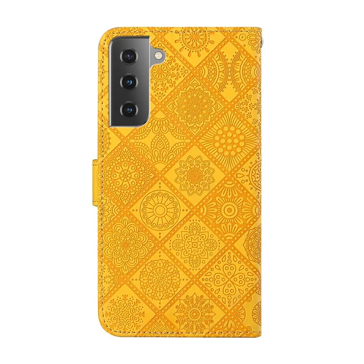 Imprinted Flower Magnet Clasp Wallet Leather Protective Case with Strap for Samsung Galaxy S21 FE - Yellow