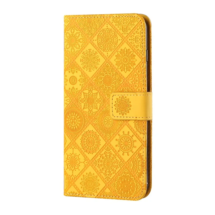Imprinted Flower Magnet Clasp Wallet Leather Protective Case with Strap for Samsung Galaxy S21 FE - Yellow