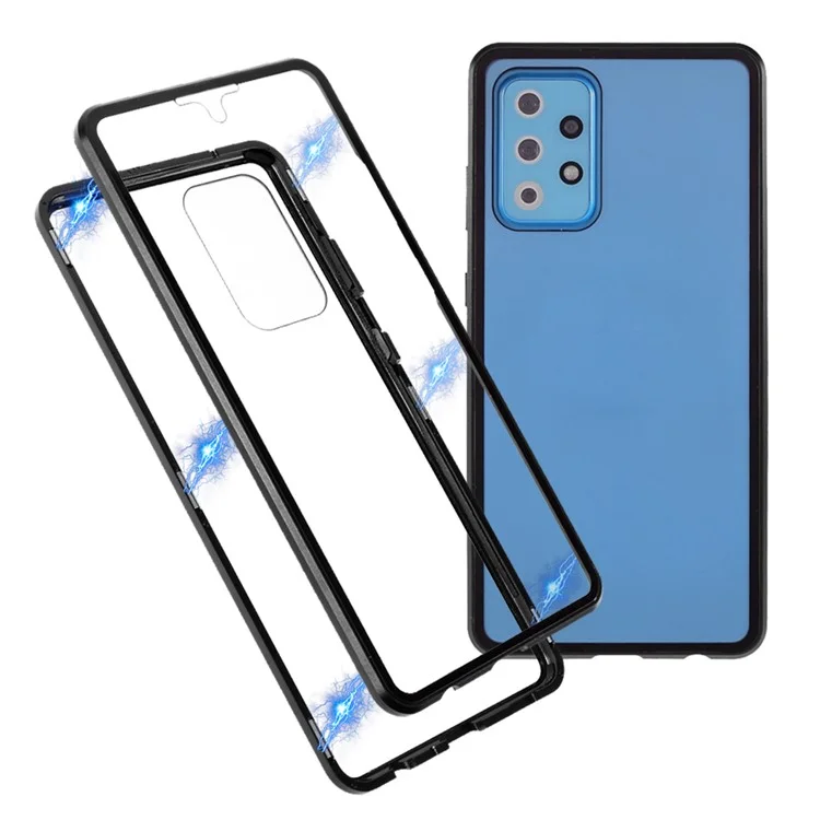 Adsorption Magnétique Cadre Métallique + Verre à Double Face en Verre Complet Shell de Téléphone Pour Samsung Galaxy A72 4G / 5g - le Noir