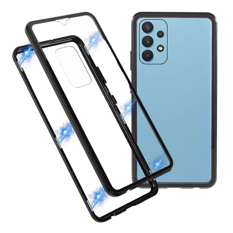 Copertura Completa Frame Metallico ad Adsorbimento Magnetico + Guscio di Telefono in Vetro a Doppia Faccia Trasparente Per Samsung Galaxy A32 4G (versione Ue) - Nero