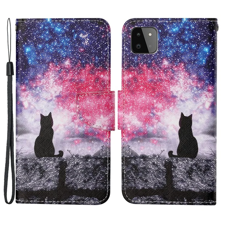 Case de Teléfono de Cuero PU de Textura Cruzada Con Impresión de Patrones Para Samsung Galaxy A22 5G (versión de la Ue) - Gato