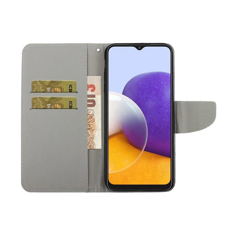 Case de Teléfono de Cuero PU de Textura Cruzada Con Impresión de Patrones Para Samsung Galaxy A22 5G (versión de la Ue) - Gato