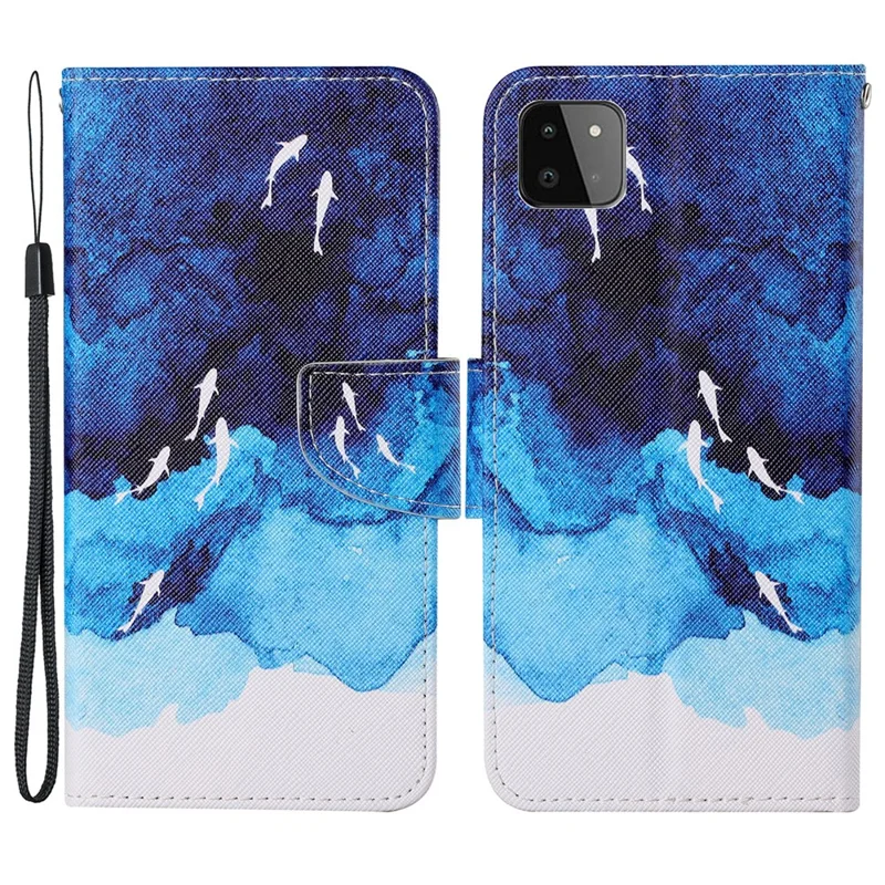 Korsad struktur av PU-läder med mönstertryck, mobilskal till Samsung Galaxy A22 5G (EU-version) – Ocean