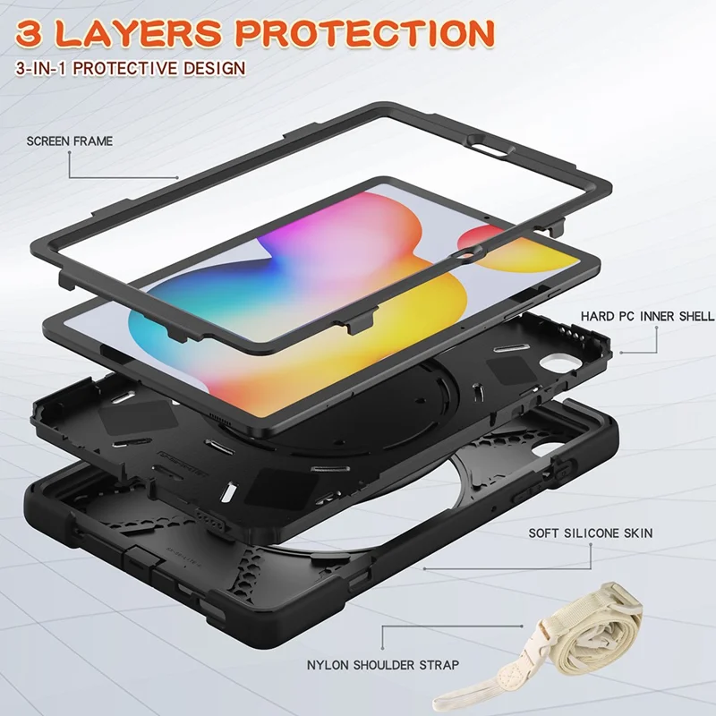 For Samsung Galaxy Tab S6 Lite (2020) P610, P615 / S6 Lite (2022) / (2024) P620 Case Kickstand Tablet Cover with Shoulder Strap - Black