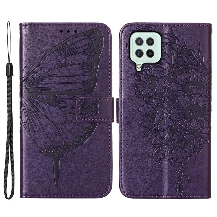 Imprint Butterfly Flower Pattern Wallet Stand Leather Phone Covering Case for Samsung Galaxy A22 4G (EU Version) - Purple