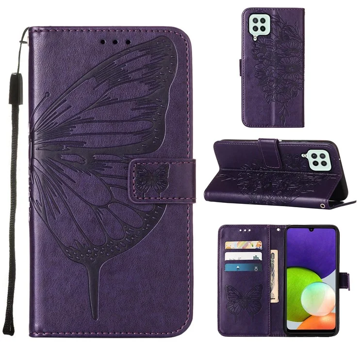 Imprint Butterfly Flower Pattern Wallet Stand Leather Phone Covering Case for Samsung Galaxy A22 4G (EU Version) - Purple