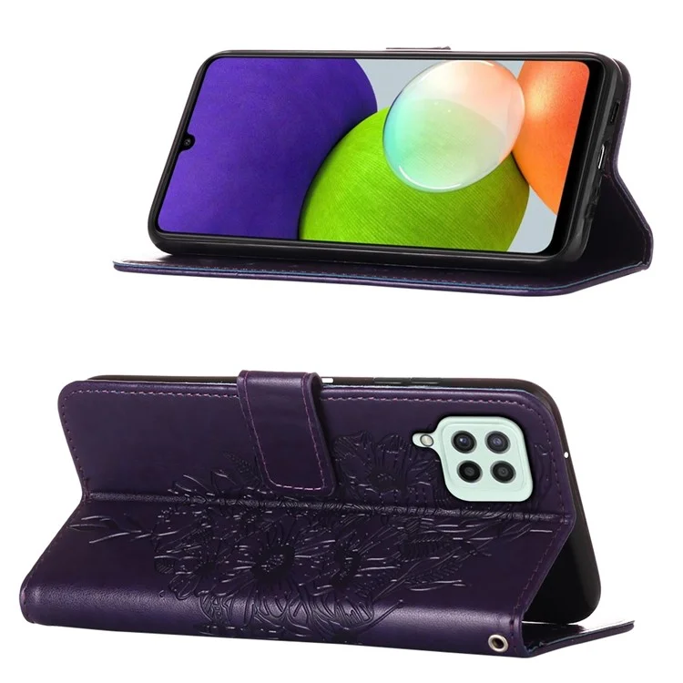 Imprint Butterfly Flower Pattern Wallet Stand Leather Phone Covering Case for Samsung Galaxy A22 4G (EU Version) - Purple