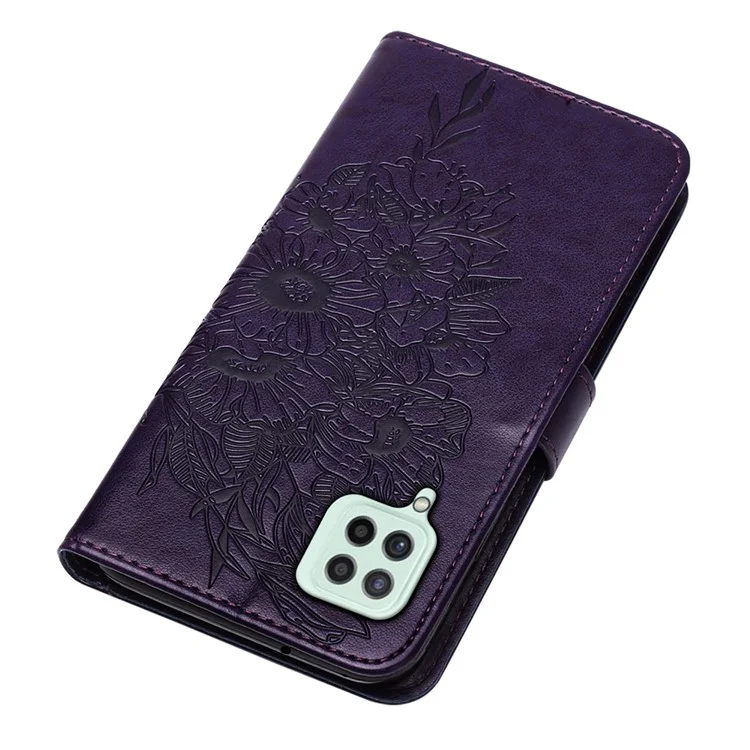 Imprint Butterfly Flower Pattern Wallet Stand Leather Phone Covering Case for Samsung Galaxy A22 4G (EU Version) - Purple