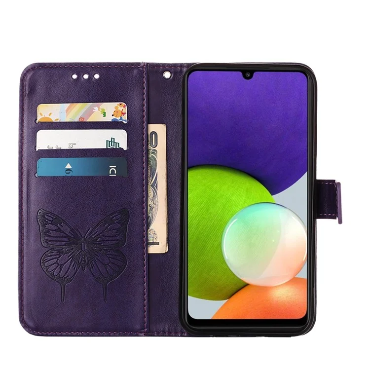 Imprint Butterfly Flower Pattern Wallet Stand Leather Phone Covering Case for Samsung Galaxy A22 4G (EU Version) - Purple