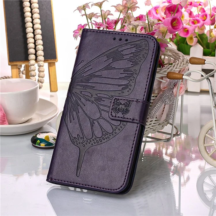 Imprint Butterfly Flower Pattern Wallet Stand Leather Phone Covering Case for Samsung Galaxy A22 4G (EU Version) - Purple