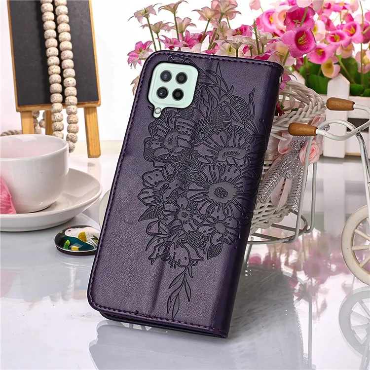 Imprint Butterfly Flower Pattern Wallet Stand Leather Phone Covering Case for Samsung Galaxy A22 4G (EU Version) - Purple