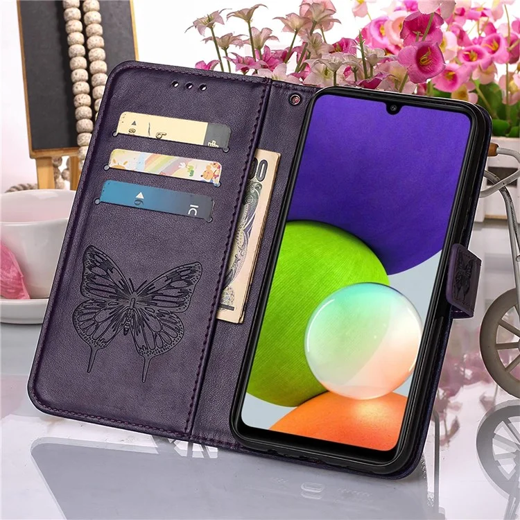 Imprint Butterfly Flower Pattern Wallet Stand Leather Phone Covering Case for Samsung Galaxy A22 4G (EU Version) - Purple