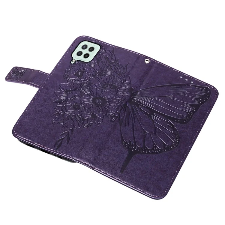 Imprint Butterfly Flower Pattern Wallet Stand Leather Phone Covering Case for Samsung Galaxy A22 4G (EU Version) - Purple